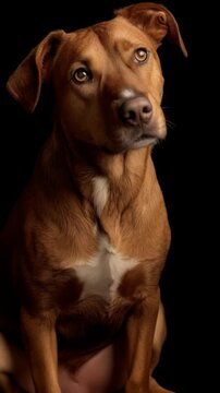 Focused portrait of a graceful redbone hound dog with gentle brown eyes against a solid black background in a studio setting.