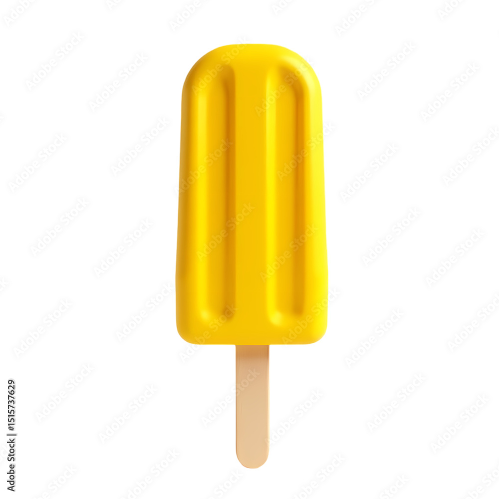 Poster a close up of a single yellow popsicle with a wooden stick on a black isolated background isolated o
