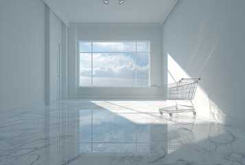 Sunlit empty room with marble floor, large window showing a cloudy sky, and a shopping cart
