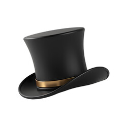 A sleek black top hat with a gold band floating a stark in a isolated on transparent background