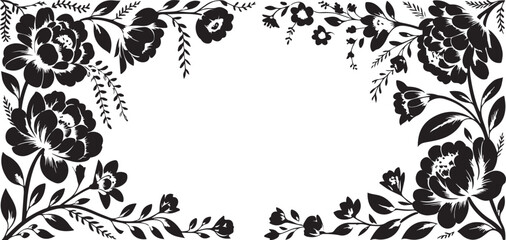 Elegant Black and White Floral Frame Border with Blooming Flowers and Leaves &ndash; Vintage Botanical Design for Invitations, Cards, and Crafts