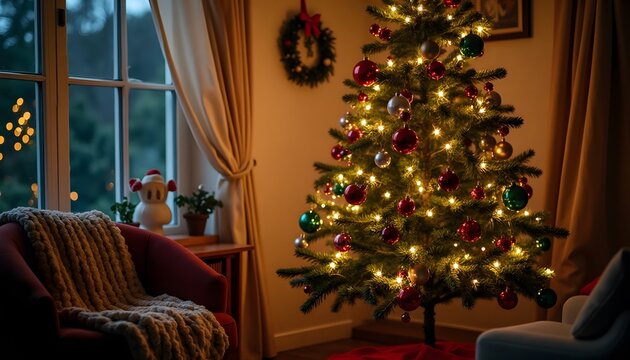 Cozy Christmas Eve Warm Lights, Decorated Tree, and Festive Atmosphere