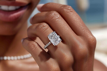 A closeup of someone holding an engagement ring with a white gold band and a large radiantcut diamond on it In the background an emeraldshaped diamond w