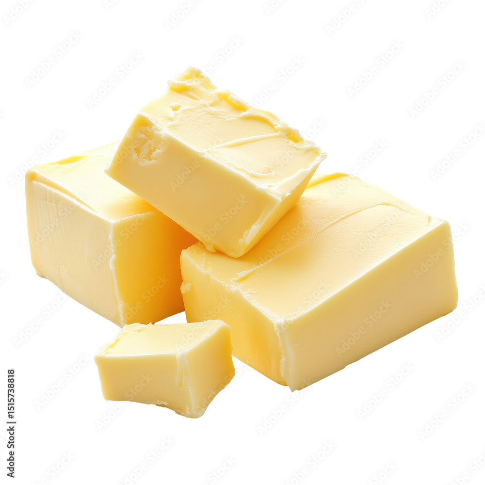 Poster butter slices and a block of butter arranged on a transparent background for culinary use and presen