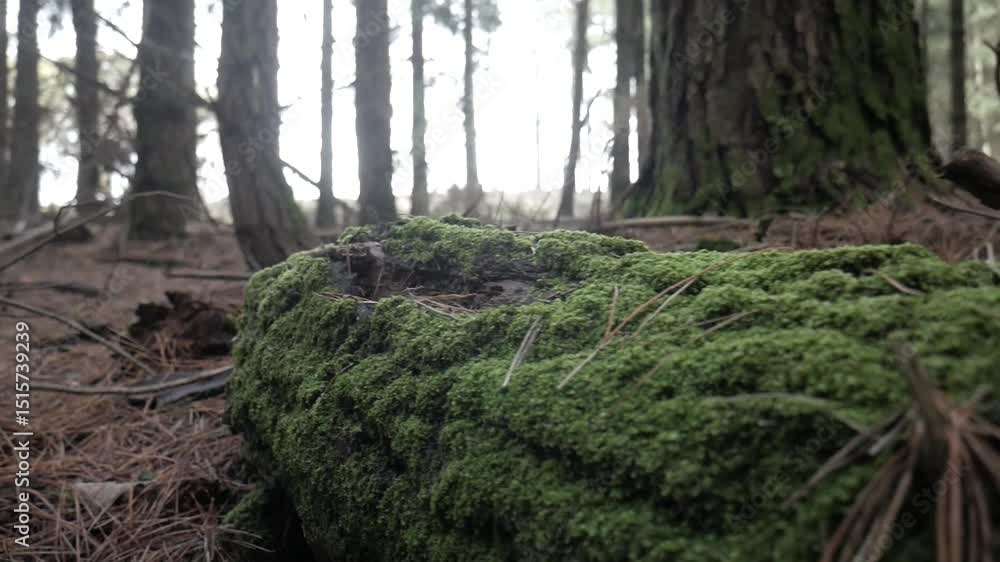 Poster close-up of a moss-covered log on a forest floor blanketed in pine needles. soft light filters throu