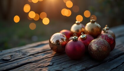 Fototapeta premium Golden and Red Christmas Ornaments on Rustic Wood Festive Holiday Decor