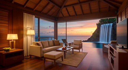 Fototapeta premium villa suite interior with natural wood decor, full ocean-facing window showing waterfall