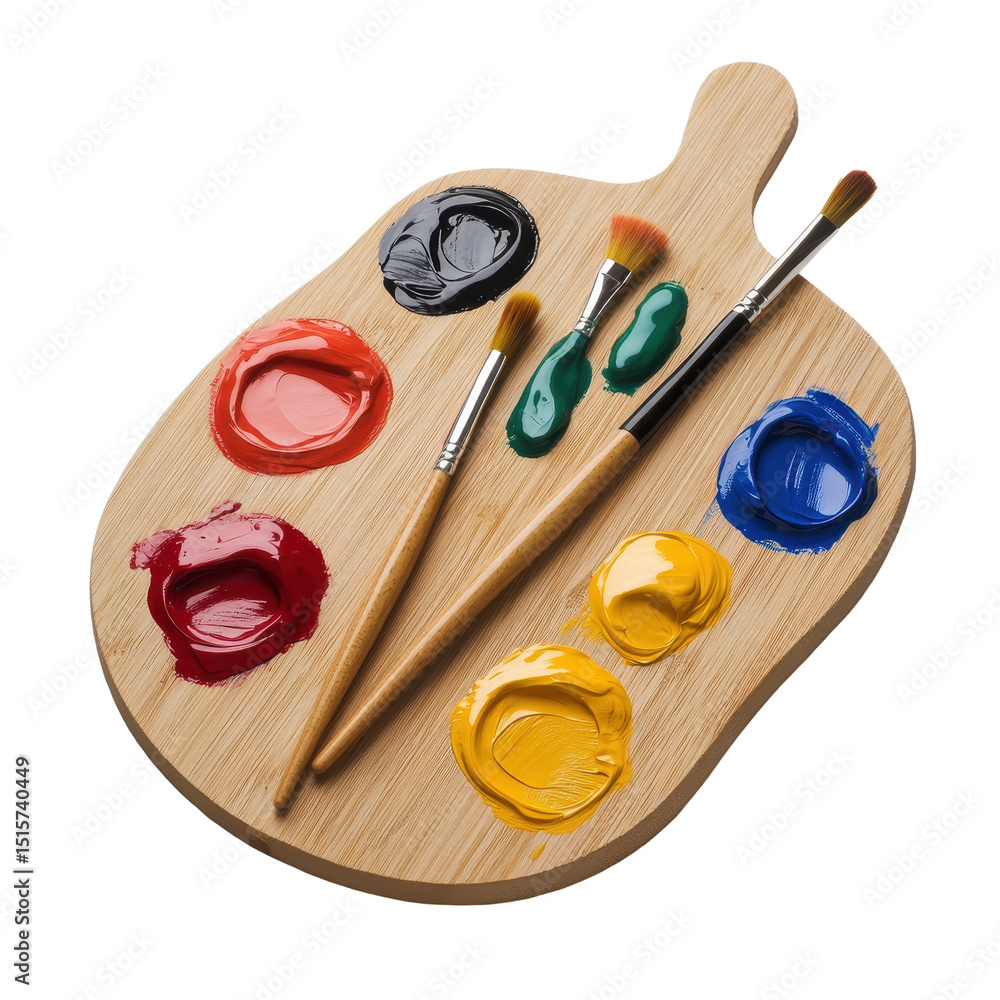 Aufkleber colorful wooden art palette featuring paint blobs and brushes on a transparent background ready for 