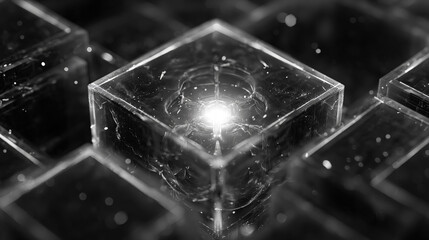 An abstract depiction of a cybernetic AI core encased within a transparent black hexagonal lattice. Generative AI