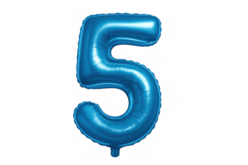 Shiny blue foil balloon shaped as number five floating on transparent background, perfect for party decorations and celebrations