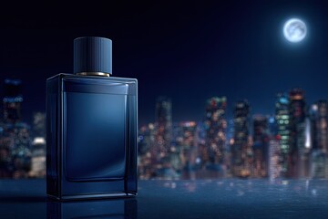 Deep blue perfume bottle sits on reflective surface against a blurred cityscape at night, under a full moon