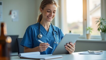 Smiling Female Nurse Using Tablet for Patient Records and Notes
