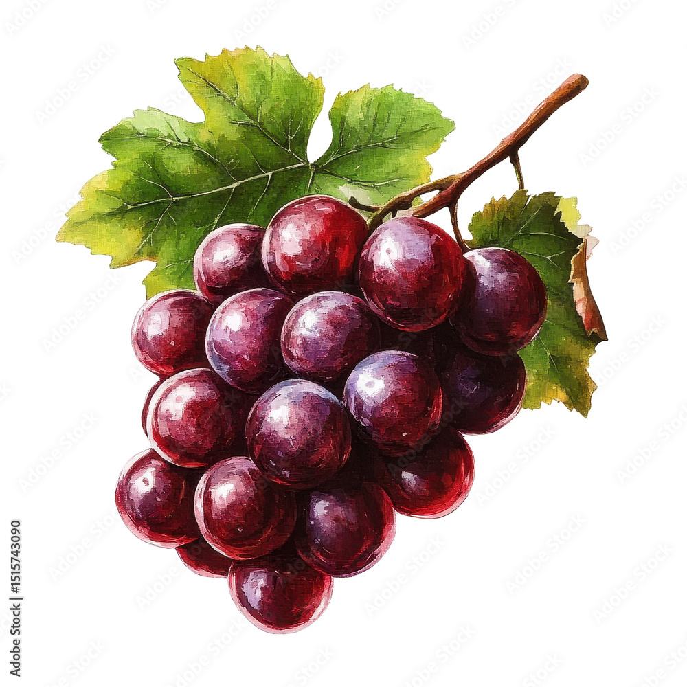 Poster red grapes with green leaves isolated on a transparent background for fresh produce display, red gra