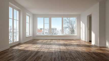 Obraz premium Modern living room with wooden floors and neutral walls, showcasing minimalist design and open space.