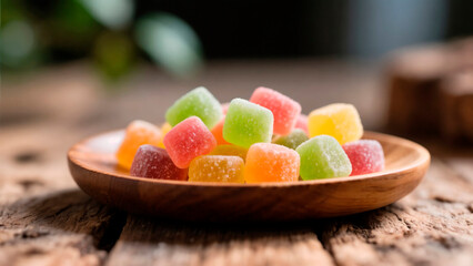 Colorful Jelly Candies on Wooden Plate