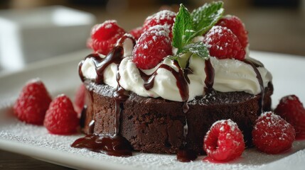 Chocolate cake with raspberries cream and mint on a white plate dessert.