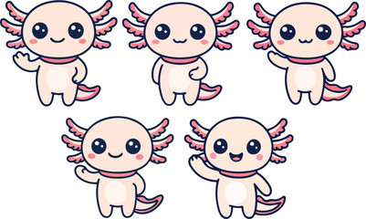 Fototapeta premium vector illustration of axolotl salamander funny cartoon mascot cute character cartoon with 5 poses