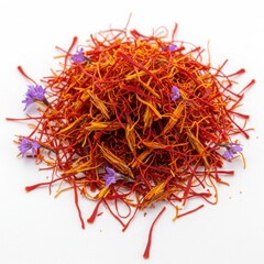 Pile of saffron threads isolated on transparent background with flowers for culinary, health, and beauty uses.