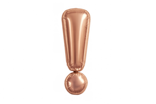 Rose gold foil balloon exclamation point emphasizing warnings, important messages, and exciting announcements with transparent background