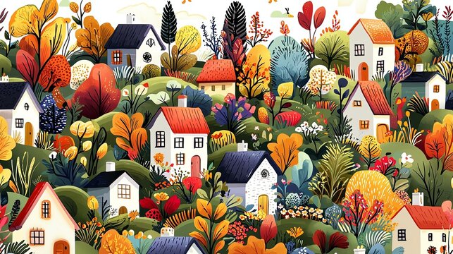 Whimsical Fairytale Village Illustration Charming houses amidst vibrant autumn foliage. Adorable Countryside Scene Wallpaper Pastel Tiny Village for Kids Room Decor