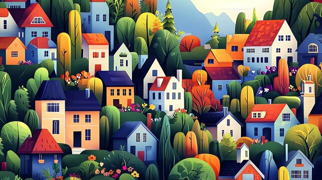 Whimsical Fairytale Village Illustration Charming village scene with colorful houses. Adorable Countryside Scene Wallpaper Pastel Tiny Village for Kids Room Decor