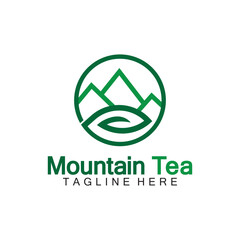 mountain tea logo concept, with a mountain and tea leaf icon in one logo