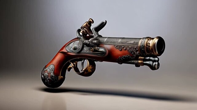 Highly detailed antique flintlock pistol with dark wood handle and brass accents on a white background, close-up