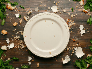  white empty plate sits on a wooden table surrounded by scattered crumbs, bread pieces, eggshells, and green herbs.