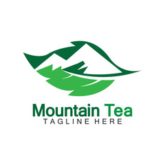 mountain tea logo concept, with a mountain and tea leaf icon in one logo