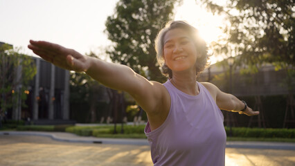 Asia adult aged people middle age mindful happy old woman yoga body pose zen calm stress relief...