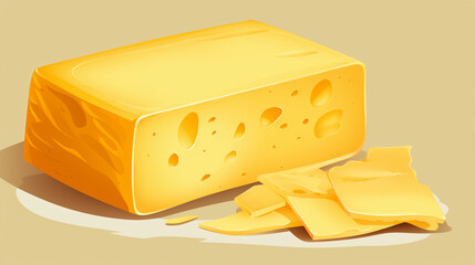 a block of velveeta cheese with some slices, horizontal long illustration on a white background 