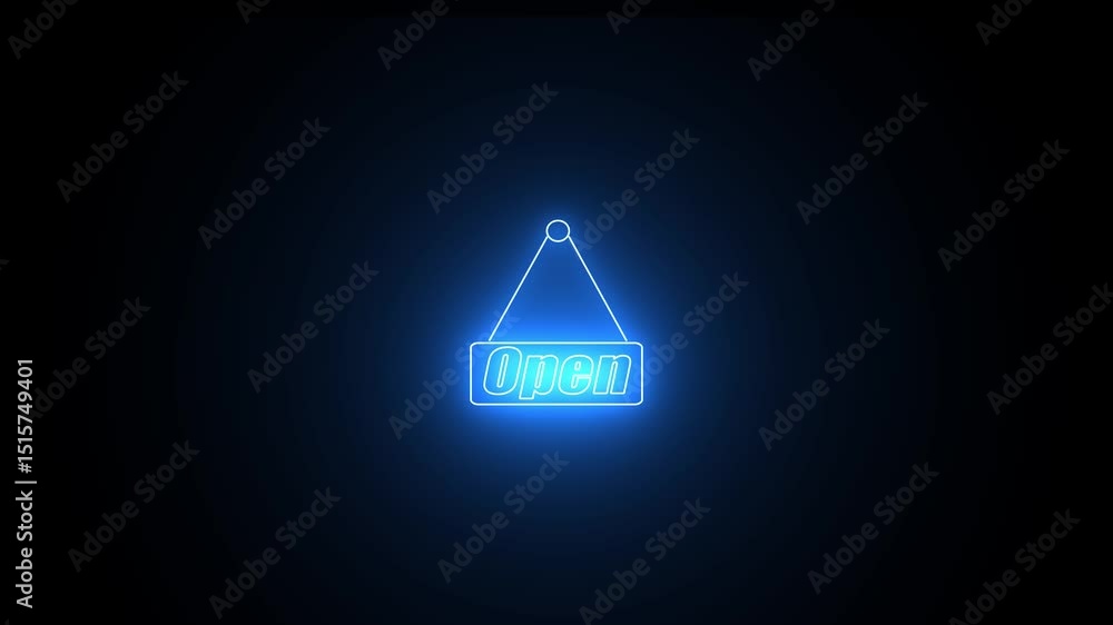 Poster isolated neon open text neon sign animation on black background. open text neon sign blinking animat
