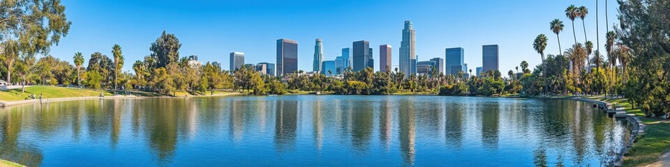 Fototapeta premium Los Angeles Daytime Panorama. Outdoors at MacArthur Park with Lake View in Downtown LA