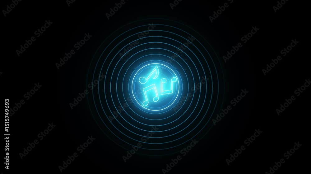 Poster radio waves with neon effect music icon animation. music audio icon animation on the black backgroun
