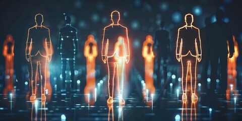 A group of people standing in a row, each wearing a suit, with a futuristic, glowing, and reflective background. 