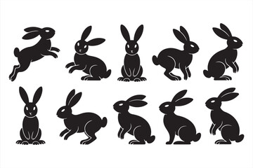Vector Silhouettes of Black Rabbits in Multiple Poses, Ideal for Animation and Design