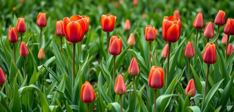 Vibrant red tulips emerge from lush green grass, green, texture