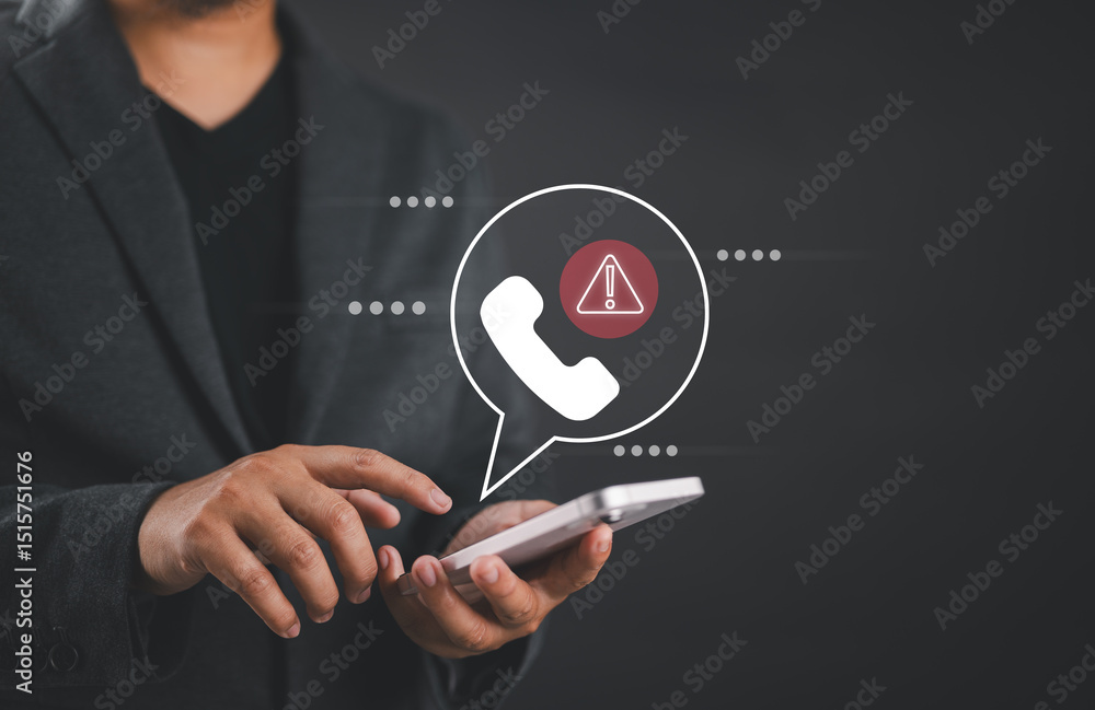 Poster System hacked warning alert, Businessman using smartphone with Fraud call center or cyberattack network. Cybersecurity and cybercrime. Compromised information internet.