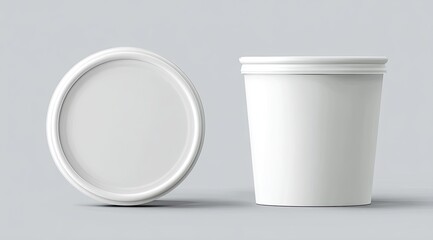 A white cylindrical container with a separate oval lid, shown against a neutral gray background.  The container appears to be made of a smooth, possibly plastic material