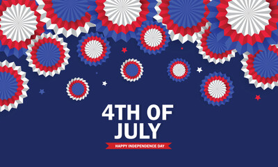4th of July, USA Independence Day banner. Paper fans in colors of American flag and stars