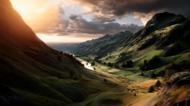 Picturesque mountain valley landscape with rolling green hills under a dramatic cloudscape bathed in golden light