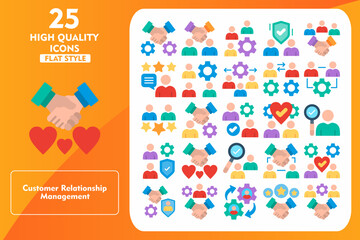 Fototapeta premium Customer relationship management Flat Icon Set. Incleded Icons Relationship, Collaboration, CRM, Respect, Insurance, Customer Loyalty, Engagement, Handshake. Vector Icons Collection