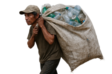 Waste Management theme, A man carries a heavy sack filled with plastic bottles. transparent background.