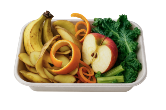 Waste Management theme, Mixed fruit and vegetable scraps in a tray. transparent background.