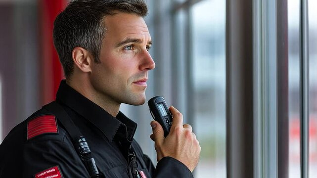 A security guard in uniform uses a radio device while looking out a window, appearing thoughtful and alert