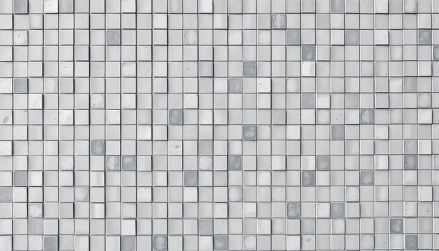 Wide panoramic view of a seamless grunge grey, white, and gray square mosaic concrete wall texture, aged, interior design