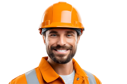 A smiling construction worker wearing an orange safety helmet and jacket, representing hard work and dedication in the construction industry. - Powered by Adobe