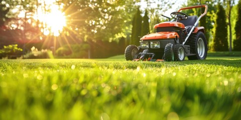 A red and orange lawn mower on a lush green lawn with a bright sun shining through the trees in the background.