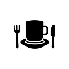 Mug on Plate with Fork Icon - Breakfast and Coffee Symbol