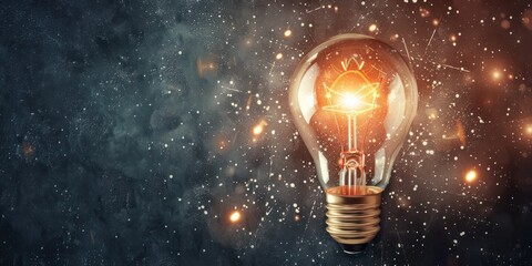 A glowing light bulb emitting a bright yellow light against a dark, textured background with scattered, glowing particles.